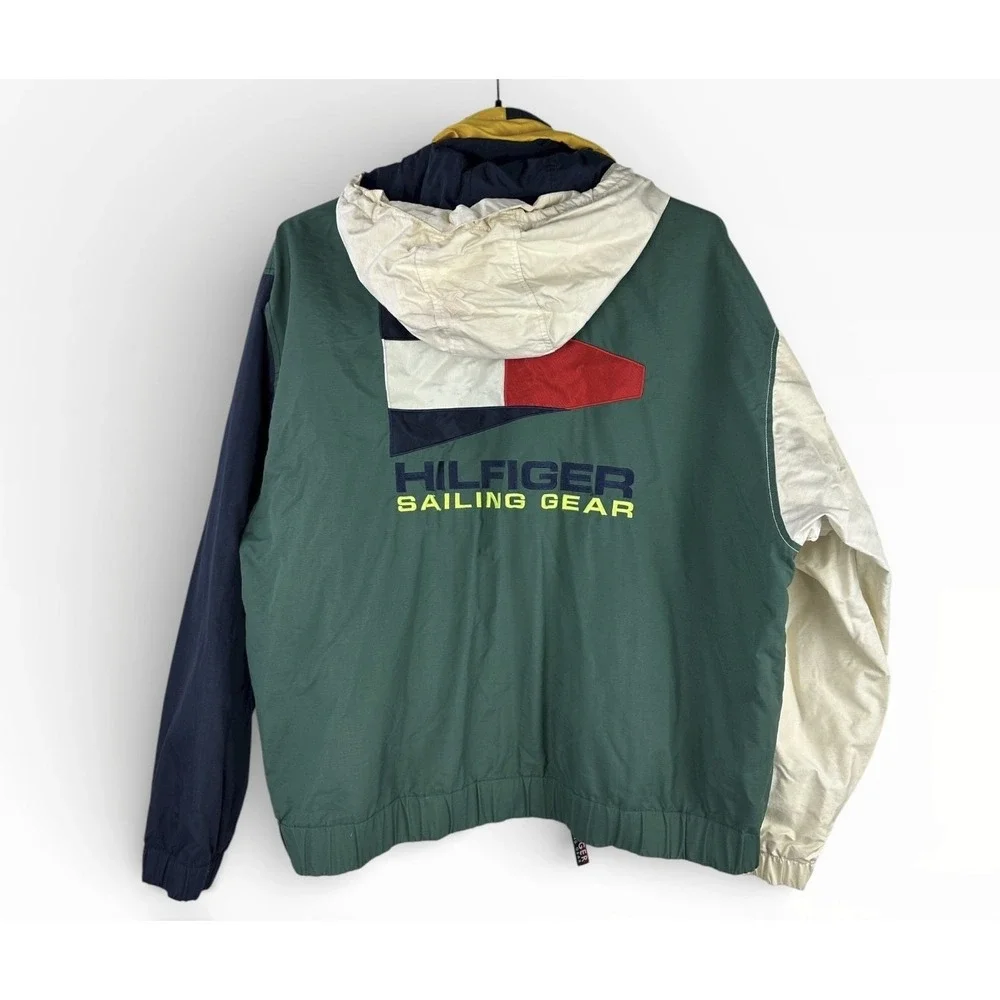 VINTAGE Tommy Hilfiger Sailing Gear Colorblock 90s Jacket Mens XL Green Navy - Picture 2 of 16